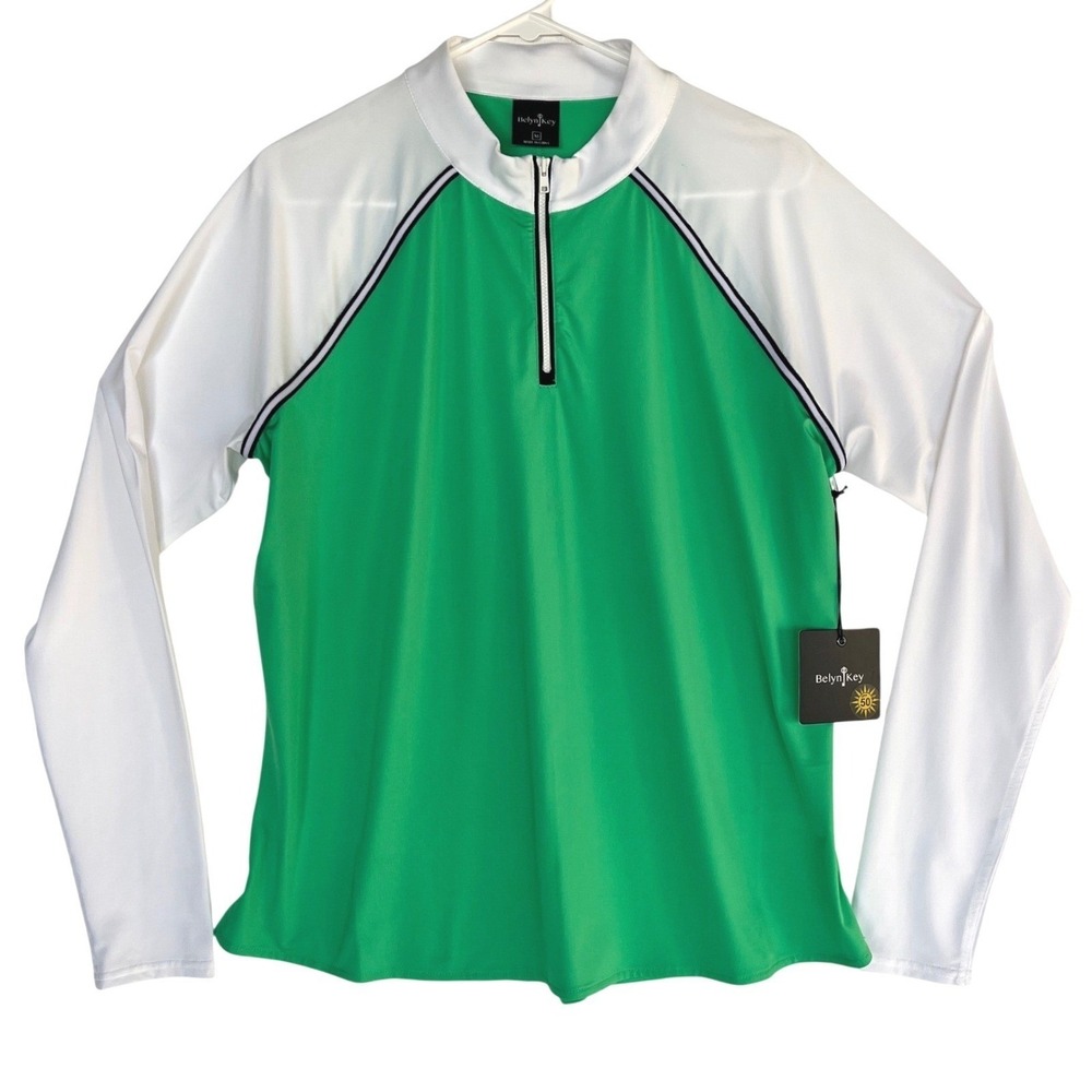 NWT Belyn Key LaJolla Raglan Golf Top Kiwi Green White UPF 50 Quarter Zip XL NEW